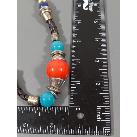 Boho Western Orange Blue Bead Braided Cord Necklace Statement Bold 21" - Picture 8 of 8